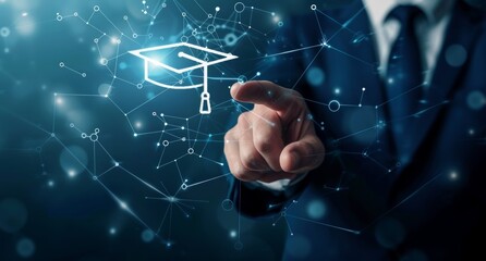 Businessman touching a virtual screen with a graduation hat icon for online education and e-learning.
