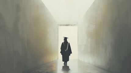 Obraz premium A graduate student walks down a hallway with a graduation cap on