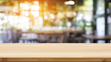empty wooden table top and blur of room on a blur bright cafe decoration background . Generative Ai