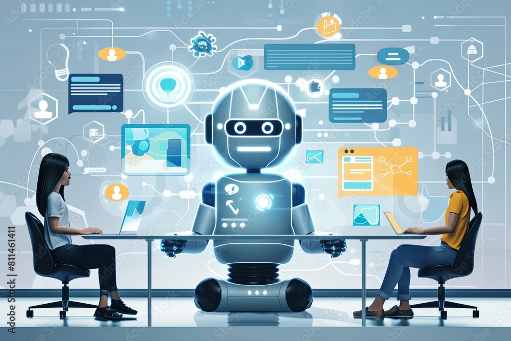 Poster two women are seated at a table with a futuristic robot in front of them, showcasing an andrewz ai t