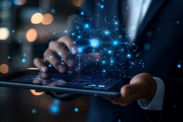 Businessman using a tablet and touching a virtual screen icon with digital network connection technology, in the style of a business concept background banner for a web site design.