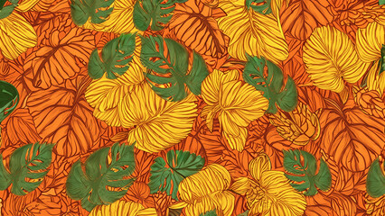 Floral pattern, Golden split leaf Philodendron plant with monstera plant line arts. Generative Ai