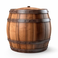 Obraz premium Single wooden barrel displayed on a pure white background, Ai Generated