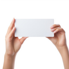 Obraz premium Womans hand presenting a blank card on a white background, Ai Generated