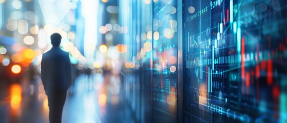 Businessman working with financial data and a virtual graph of the stock market or capital growth on a blurry office background, representing a business technology concept.
