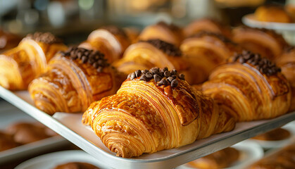 Closeup of chocolate croissants on the tray