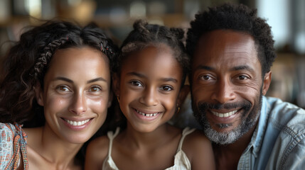 Happy biracial girl smiling with young multiracial parents enjoy weekend at home together