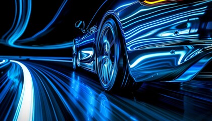 Car light trails on dark background, blue color, long exposure, low angle view, high speed...