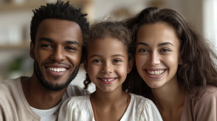 Happy biracial girl smiling with young multiracial parents enjoy weekend at home together