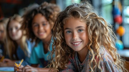 Fototapeta premium Portrait of a happy young girl with curly hair smiling at the camera while her friends are blurred in the background.