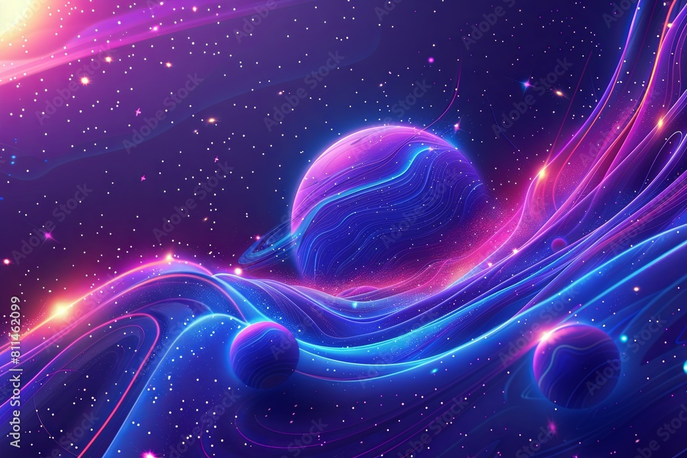 Poster a celestial scene featuring various planets and stars scattered across the vastness of space. genera