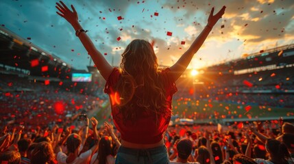 The photo shows a woman at a concert. She is raising her hands in the air and enjoying the music. The stadium is full of people and the atmosphere is electric.