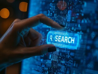 Close up of a hand finger pushing a search bar with a web icon on a virtual screen, with a blue background.