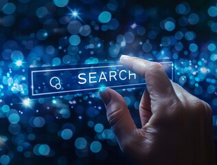 Close up of a hand finger pushing a search bar with a web icon on a virtual screen, with a blue background.