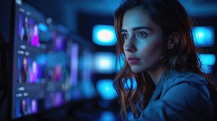 Naklejka premium Young concentrated female programmer working on new codes in dark room full of computer screens.