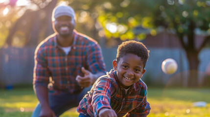 Joyful African American father and son playing catch in the backyard during a warm, golden hour sunset - Powered by Adobe