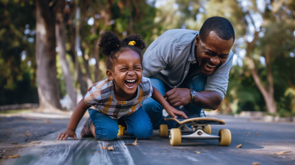 Heartwarming scene of an African American father and his daughter laughing joyously as they play with a skateboard in a park