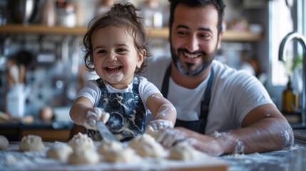 A Middle Eastern father and his little daughter enjoy making pastries together, smiling joyfully in a sunny kitchen