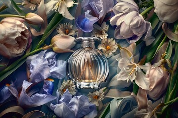 Stylish fragrance collections hint at floral notes and chic testing environments with ample copy space
