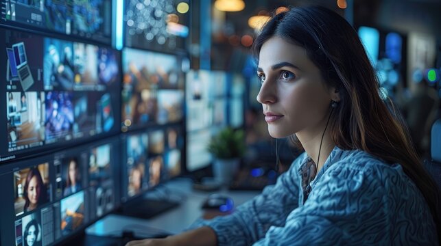 Young female security guard watching surveillance monitors