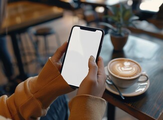 Close up of hands holding and using smartphone with blank white screen for mockup or to display text, information or advertising content on blurry background.