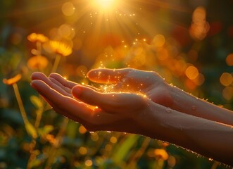 Close up of hands praying with the sun shining in background, focus on hand and light, copy space for text.