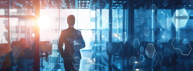 Digital technology business and security concept with a businessman working on a futuristic interface hologram in the office background.