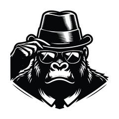 a head of gorilla using hat and sunglases black vector illustration. can be used for emblem, t-shirt, merchandise and more. gorilla vector illustration