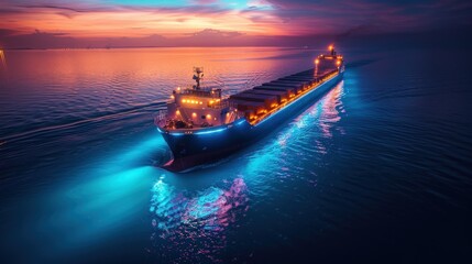 Fototapeta premium The scene is serene and peaceful, with the ship's light reflecting off the water