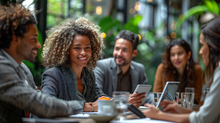 Obraz premium Multiethnic group working happily, using tablets and cell phones 