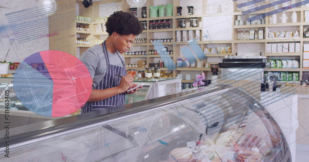 Poster image of numbers and data processing over biracial man working in shop