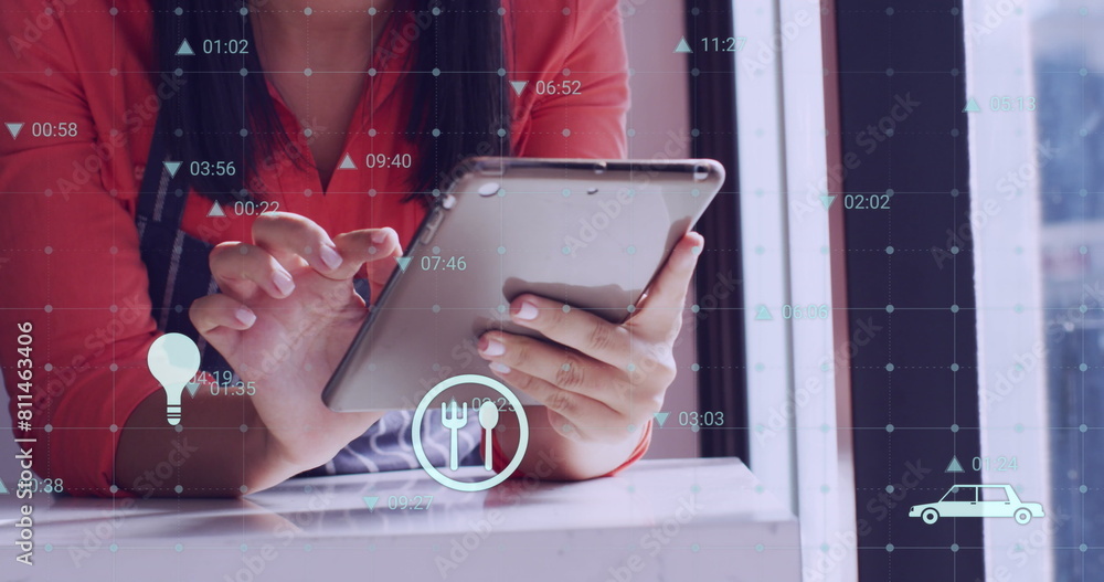 Aufkleber image of numbers and data processing over biracial woman using tablet in shop