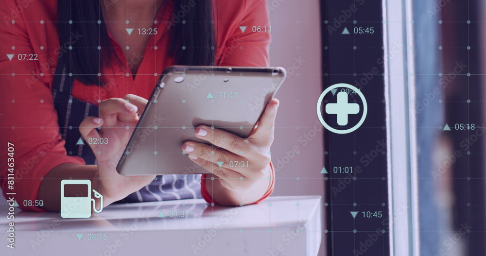Poster image of numbers and data processing over biracial woman using tablet in shop