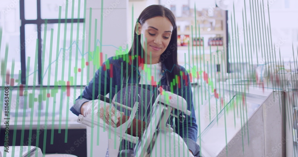 Poster image of numbers and data processing over biracial woman working in shop