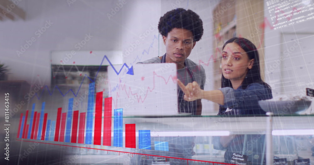 Poster image of numbers and data processing over diverse couple using laptop in shop