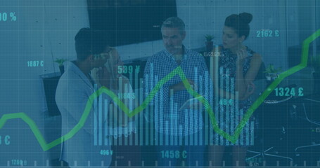Image of green line, statistics and financial data processing over diverse business people