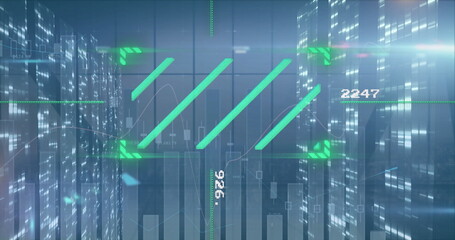 Image of financial data processing and moving columns over cityscape