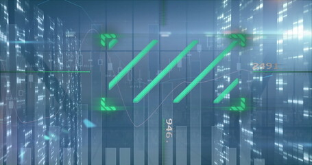 Image of financial data processing and moving columns over cityscape