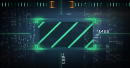 Image of financial data processing and green scanner scanning over screens of mosaic squares