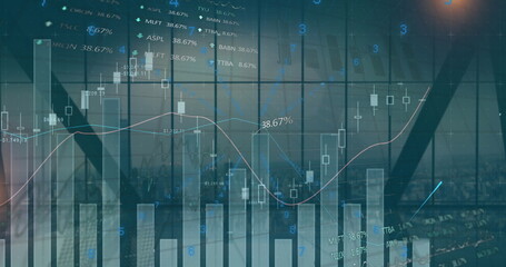 Image of financial data processing over cityscape