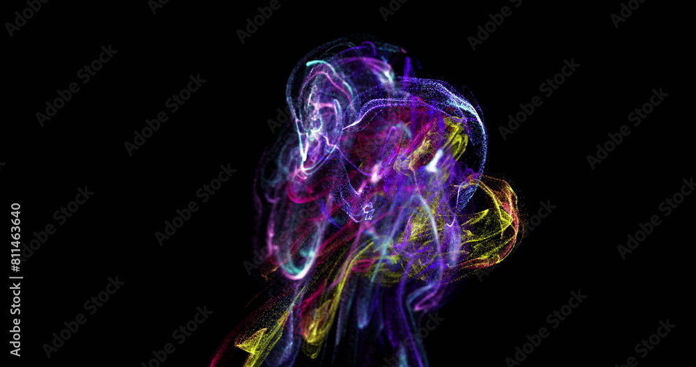 Poster image of multicolored glowing dots forming dynamic waves against black background