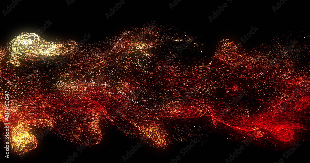 Poster image of multicolored particles forming dynamic waves against black background