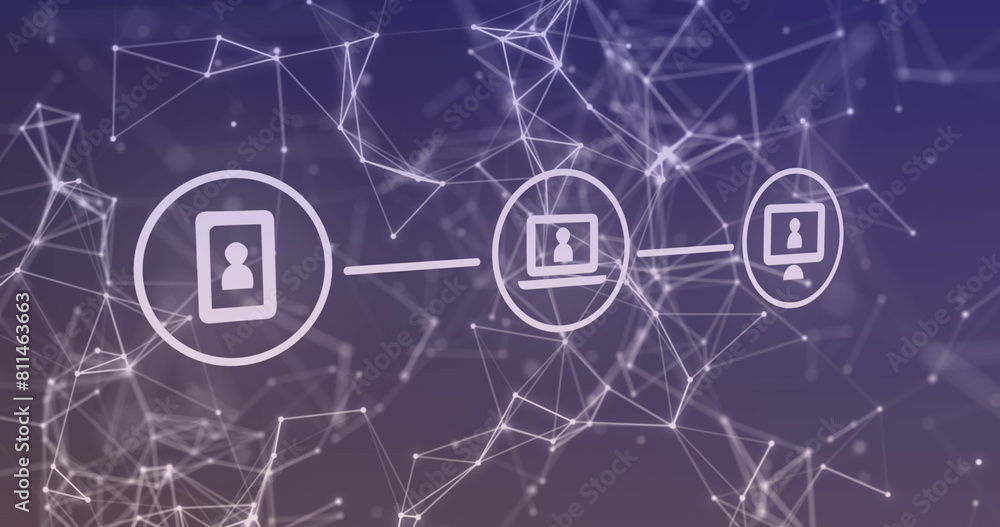 Poster image of icon in circles over connected dots forming geometric shapes on gradient background