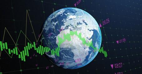 Image of financial data processing over globe
