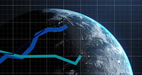 Image of financial data processing with blue lines over globe