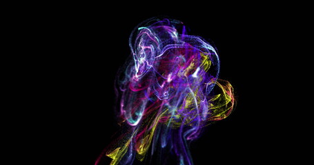 Image of multicolored glowing dots forming dynamic waves against black background