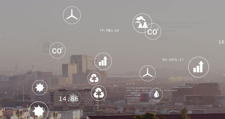 Image of eco icons and data processing over cityscape