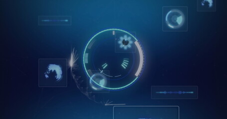 Image of screens with round scanners and data processing against blue background