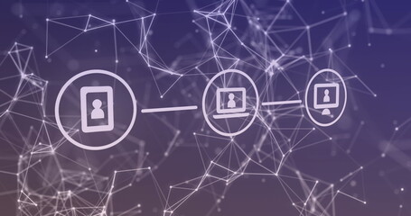 Image of icon in circles over connected dots forming geometric shapes on gradient background