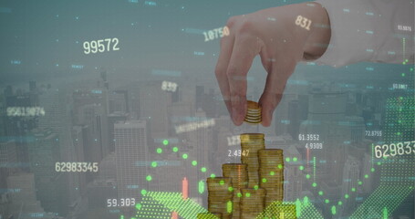 Image of data processing and hand holding coins over cityscape